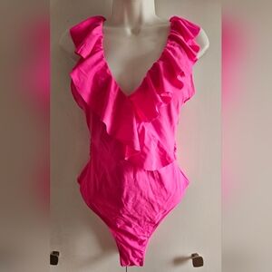 NWNT Women's Hot Pink Ruffled One Piece Swimsuit Open Back Size M